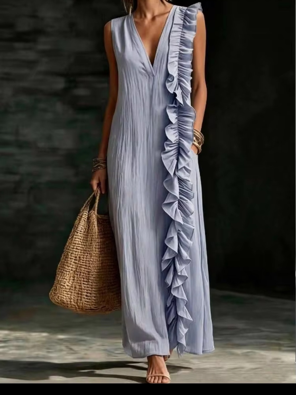 SHEIN Light Blue Sleeveless V-Neck Maxi Dress with Ruffle Cascade NWOT